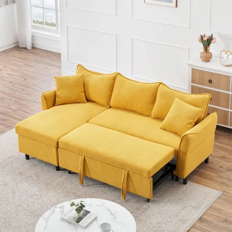 Divano a L in velluto a coste 80 con due piccoli cuscini decorativi